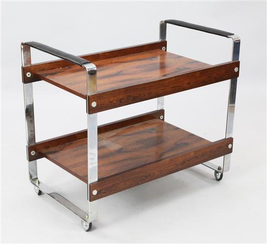 A stylish modern chrome and rosewood two tier trolley, W. 2ft 5.75in. D. 1ft 6.25in. H. 2ft 3in.